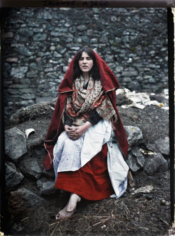 Main O'Toole, a 14 year old girl from a village called the Claddagh wearing traditional Claddagh dress. Galway, Ireland, 26th May 1913. The Claddagh was a tiny fishing village of thatched white stone cottages on the edge of Galway which was knocked down in the 1930s and replaced with council housing and is now part of Galway city centre. Photographer: Marguerite Mespoulet, BBC/Musée Albert Kahn from The Archive of the Planet The Edwardians in Colour - BBC Four, five part series broadcast from 20th May 2007 by Mary Warner Marien - Click for Next Image